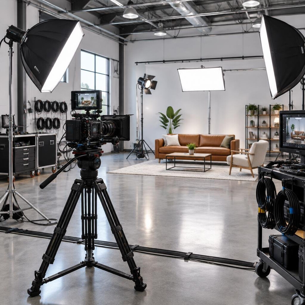 Professional video production studio with camera and lighting rig set up