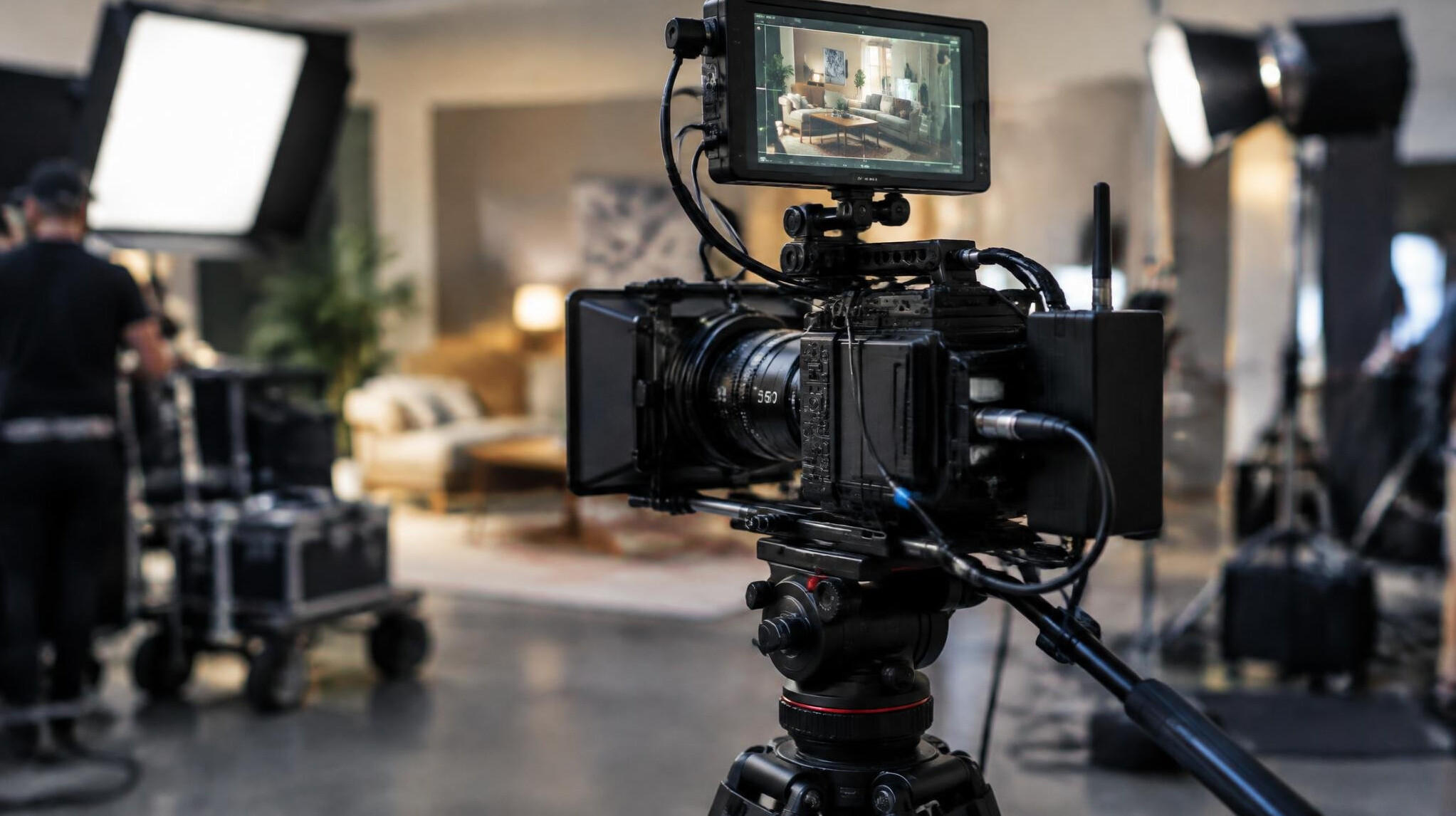 Cinema camera rig with monitor and cables on set