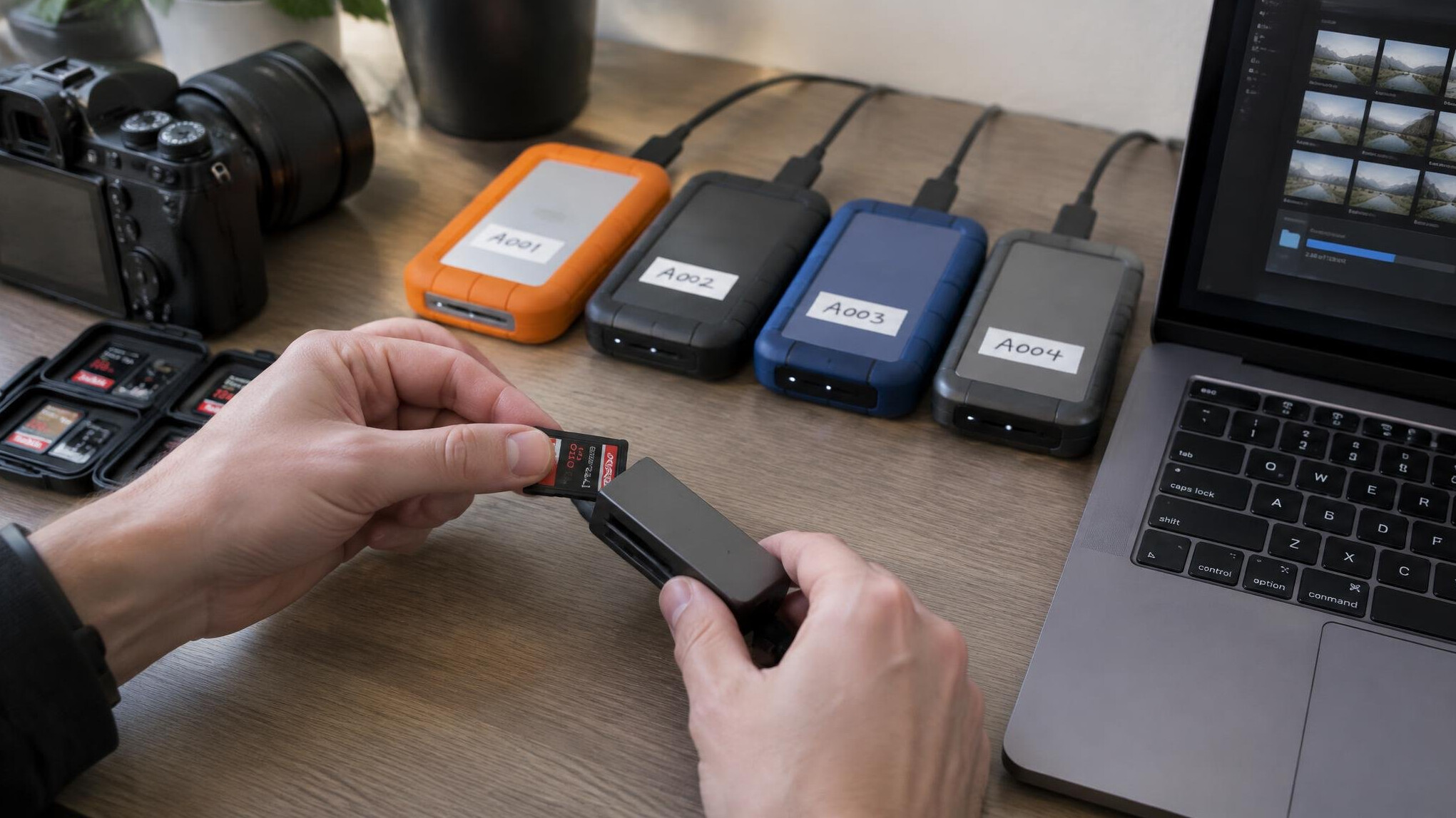 Editor transferring footage from camera cards to storage drives