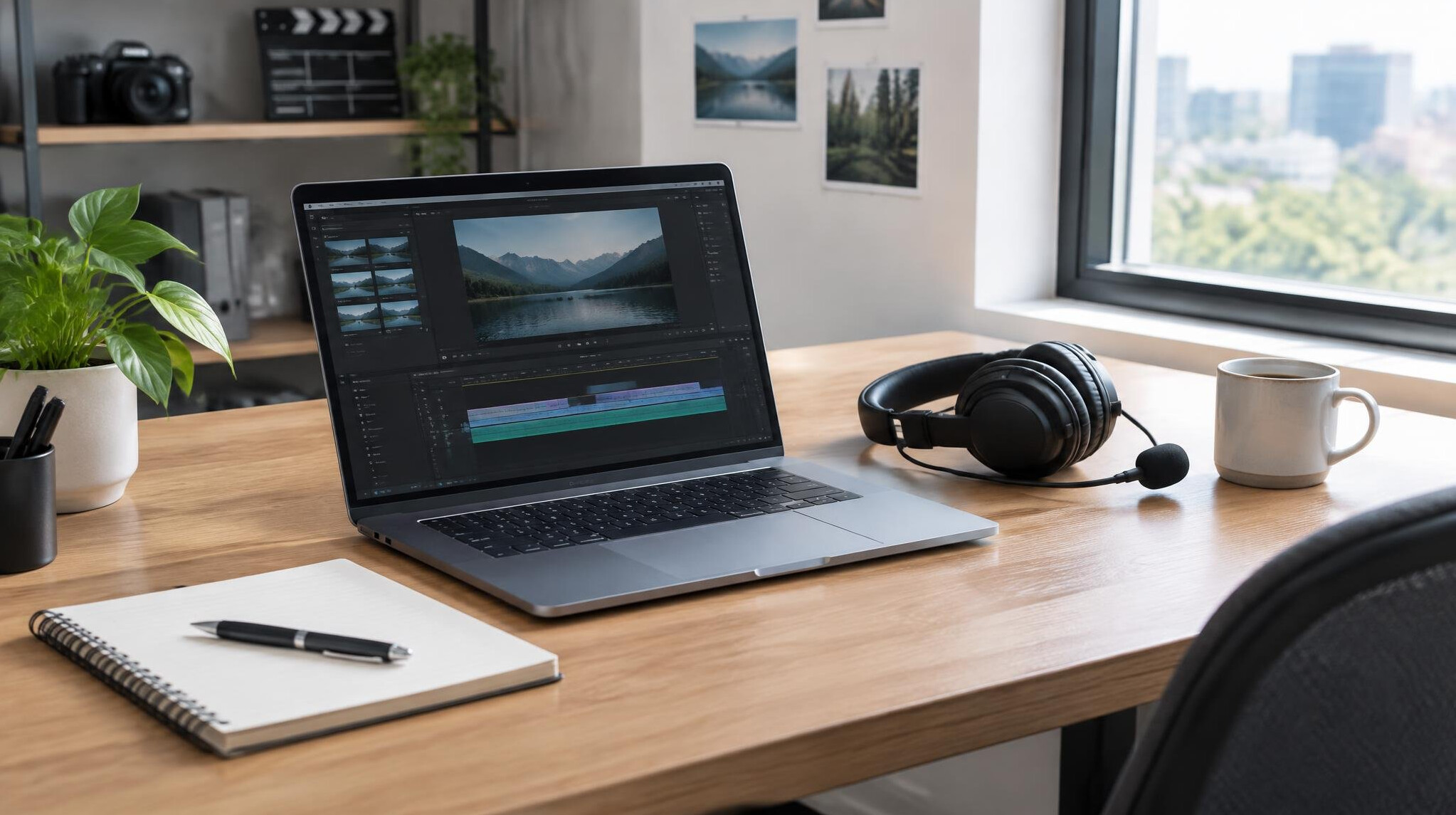 Production office desk with headset, notebook and laptop