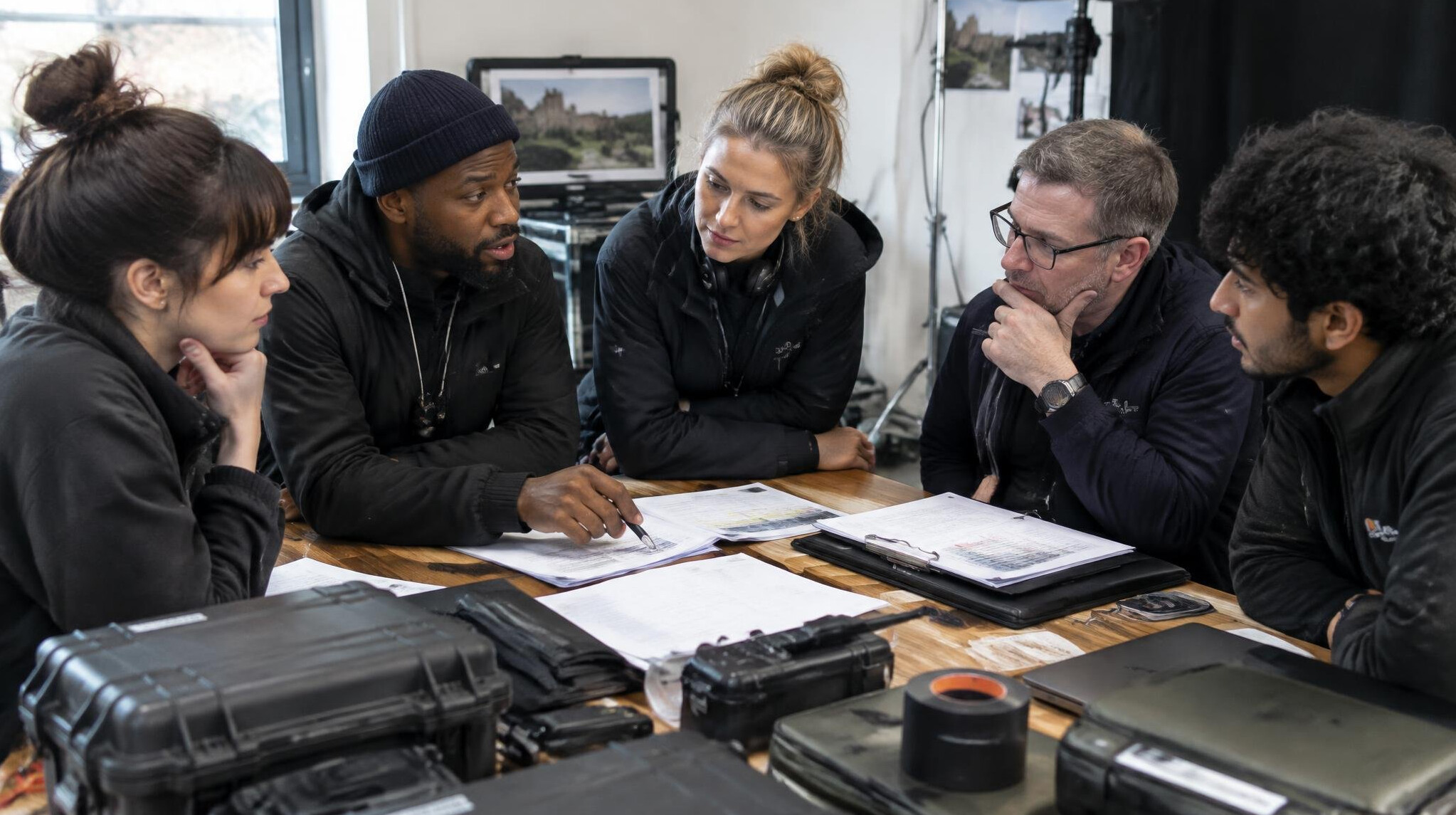 Production team having a briefing around a table with equipment cases