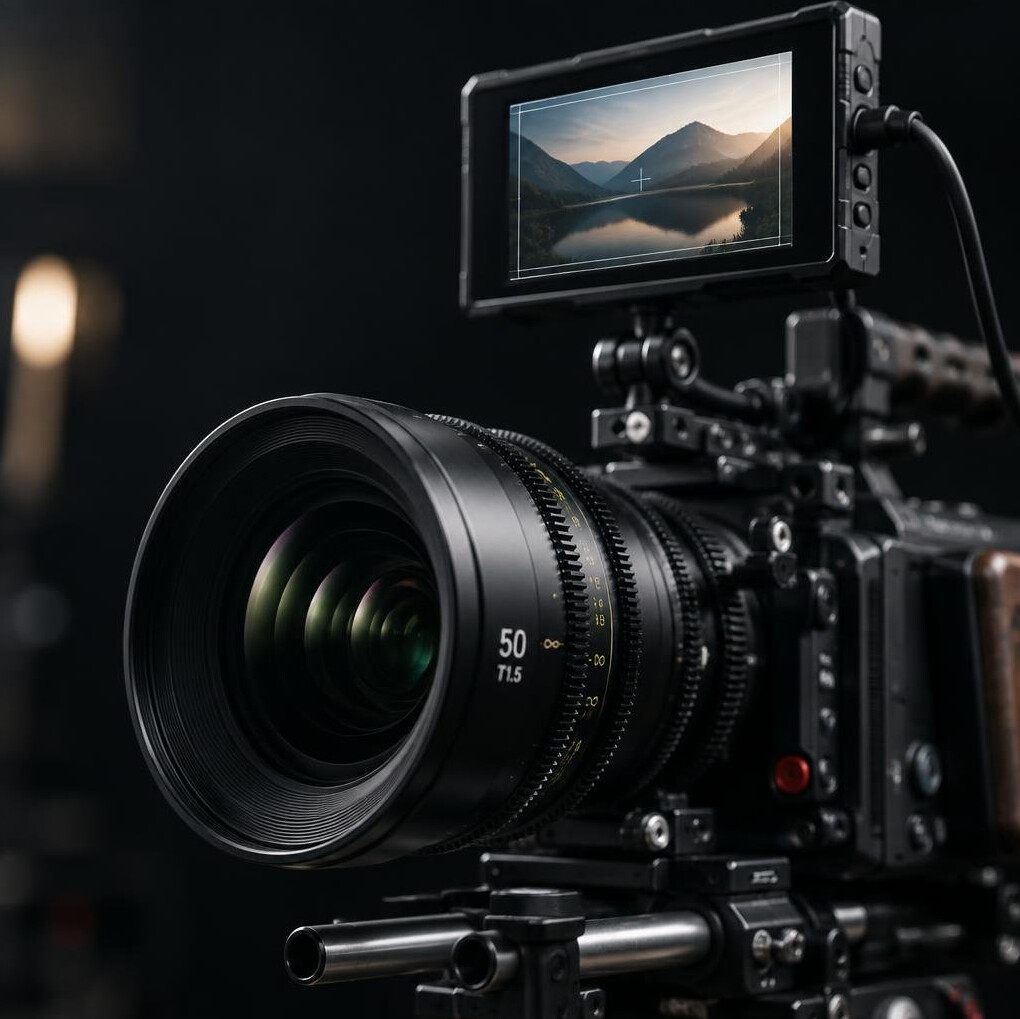 Close up of a cinema camera lens and monitor rig