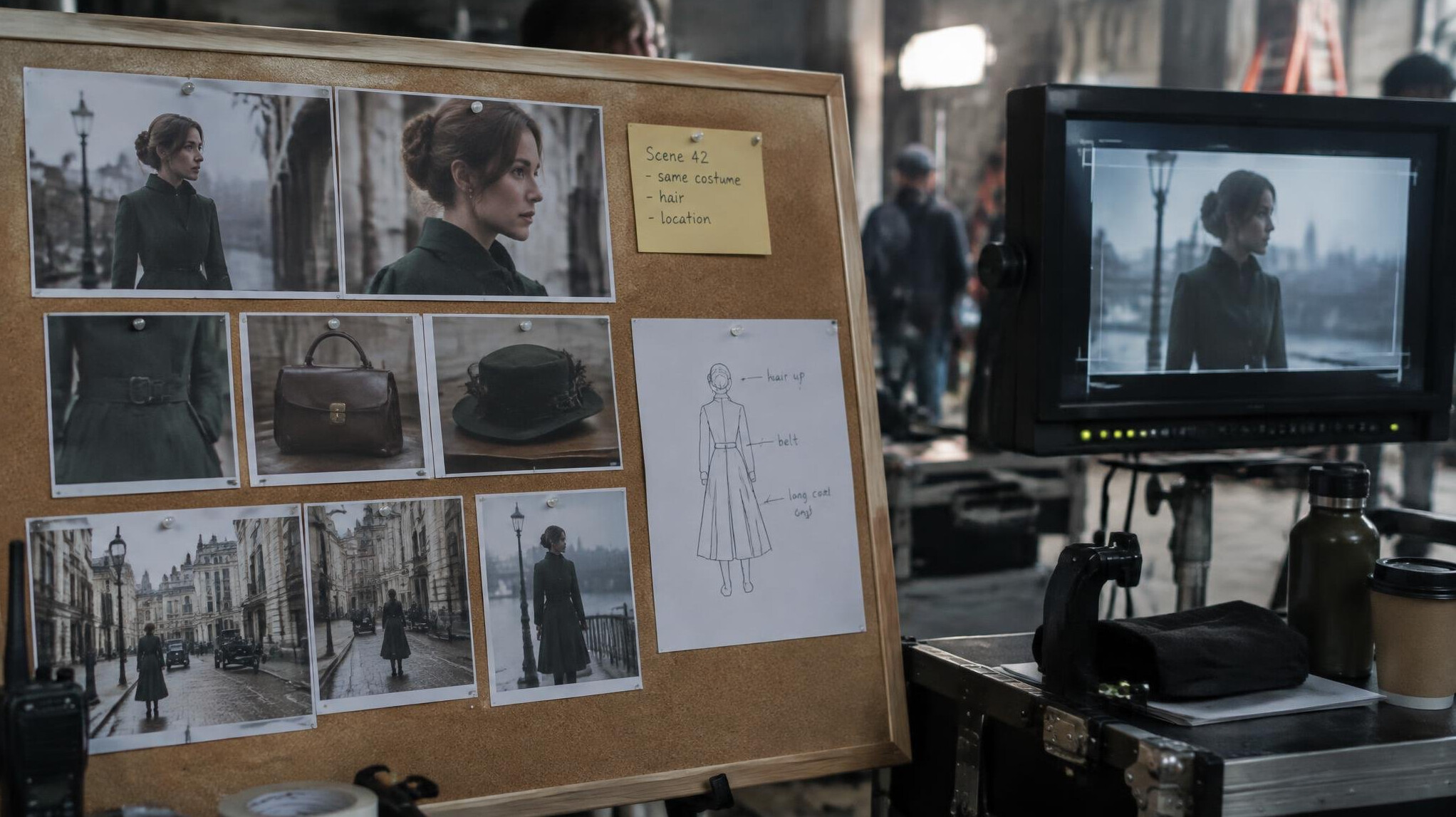 Continuity notes and reference photos pinned to a production board