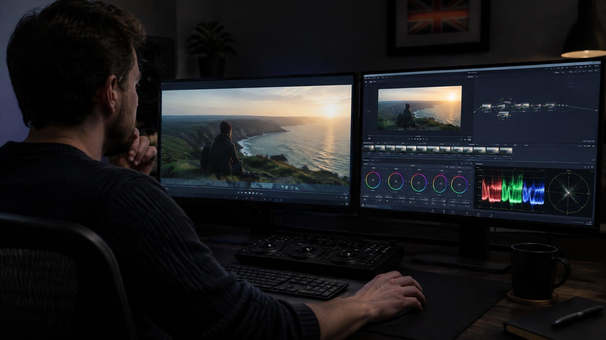 Editor reviewing colour graded footage on dual monitors