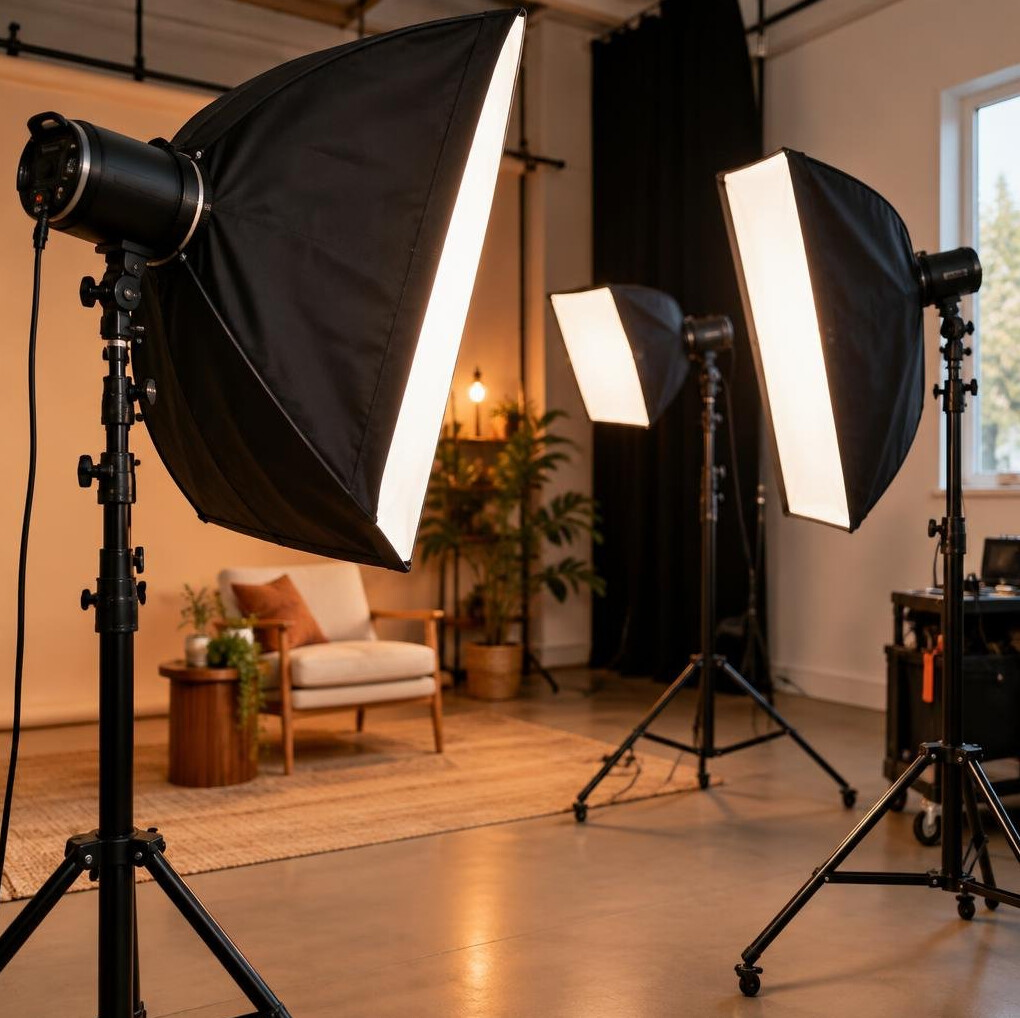 Softbox lighting rig set up on stands in a studio
