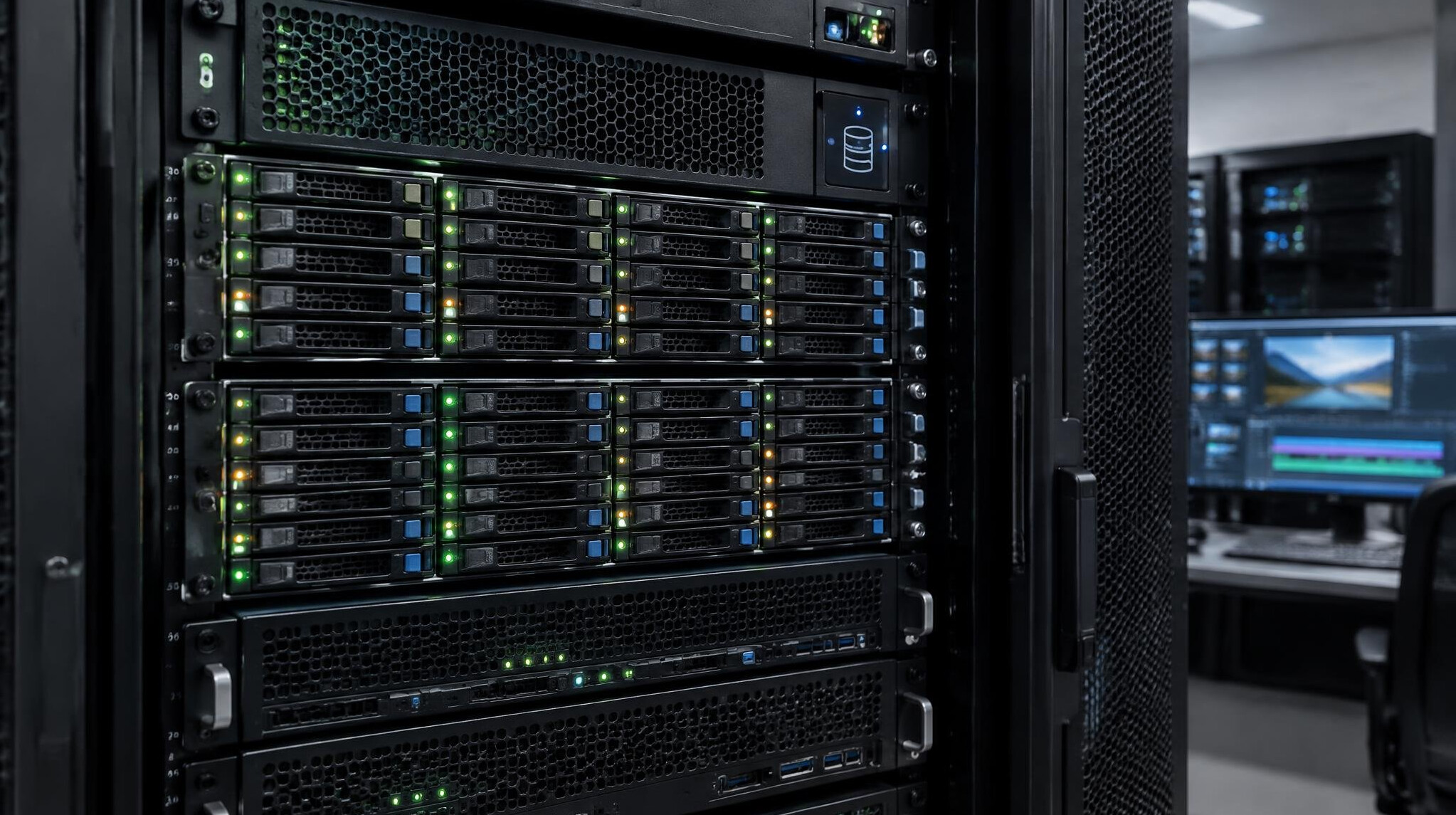 Media server rack used for footage backup and delivery