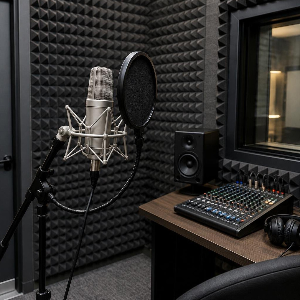 Sound recording booth with microphone and acoustic panels