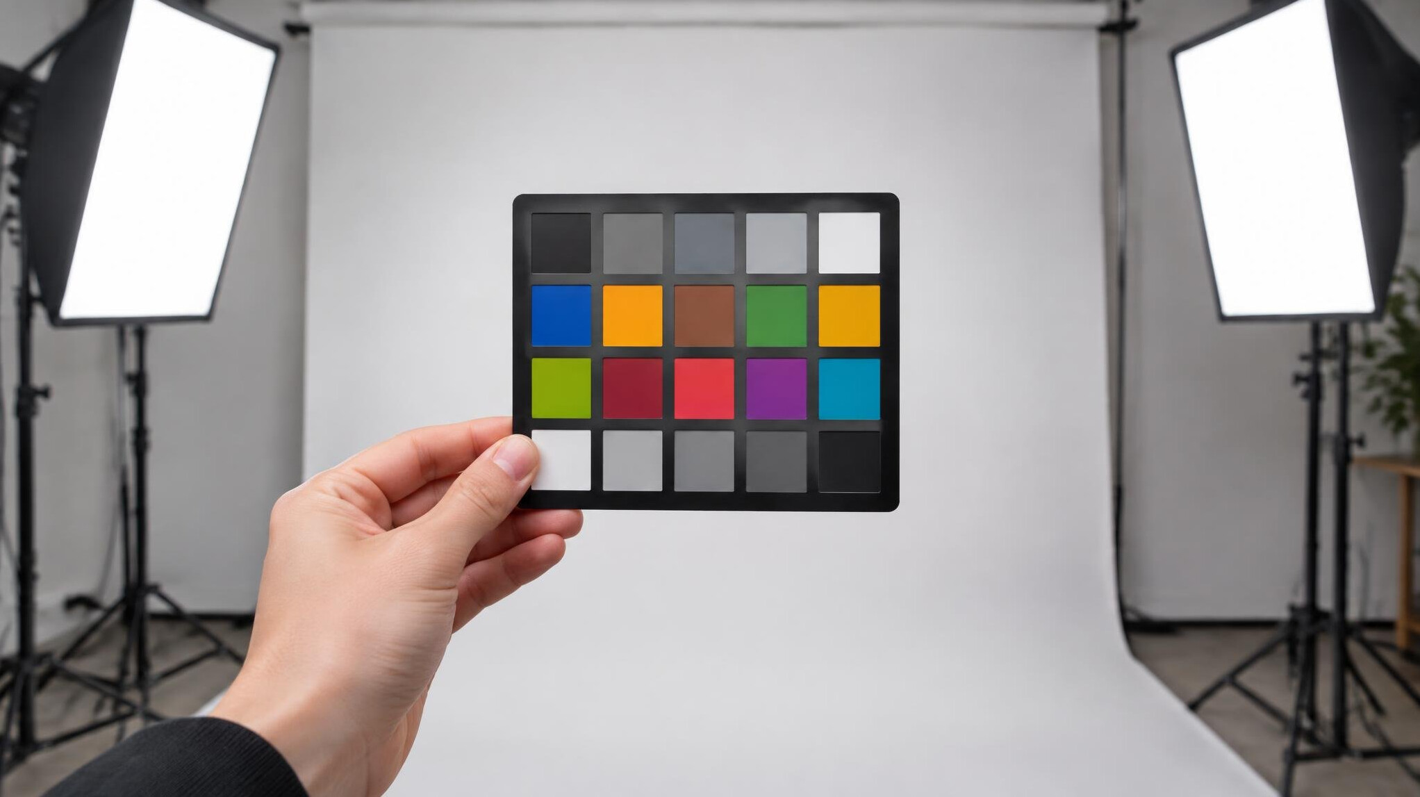 Colour reference chart held up against studio lighting