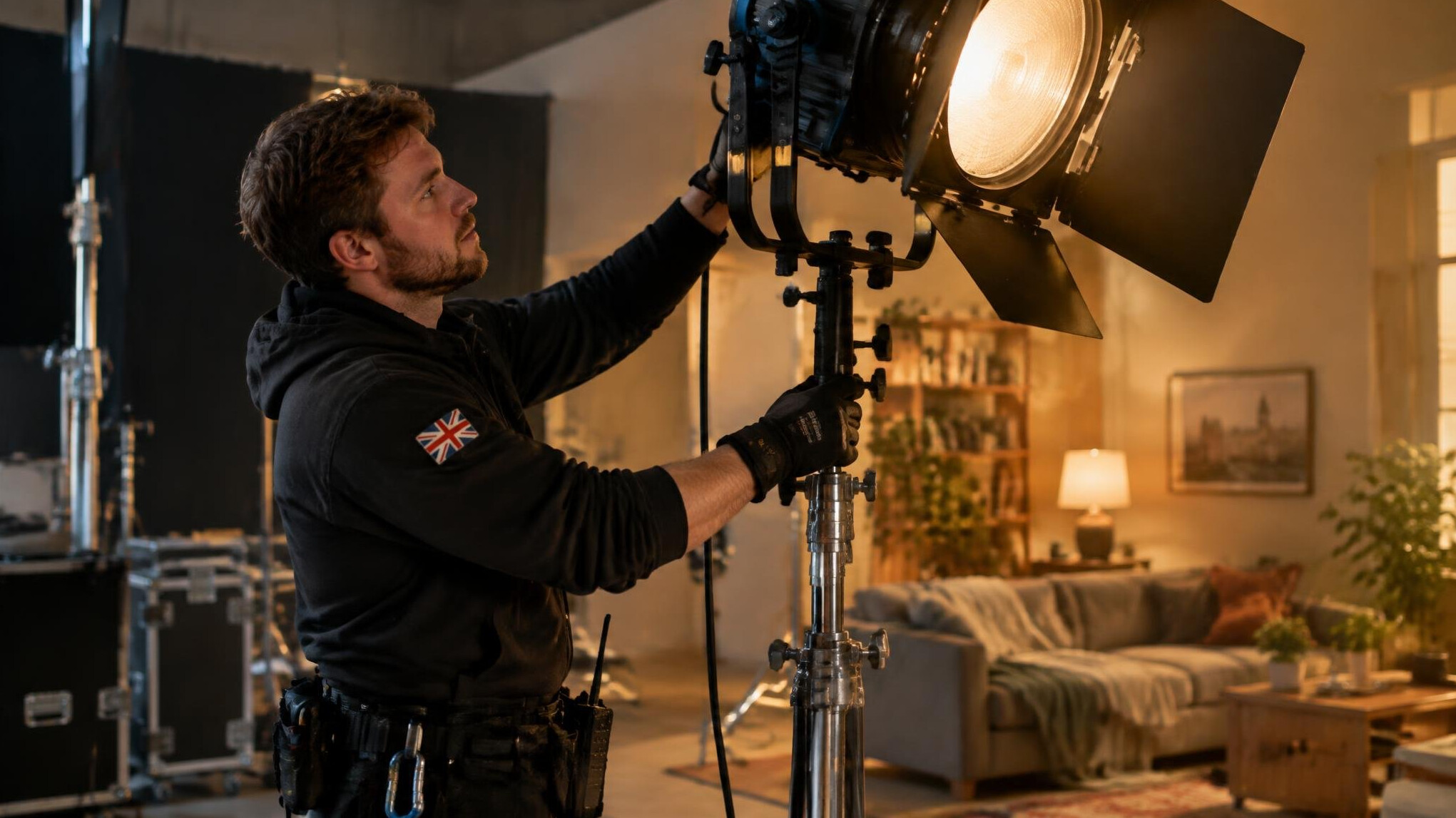 Lighting technician adjusting a studio light stand