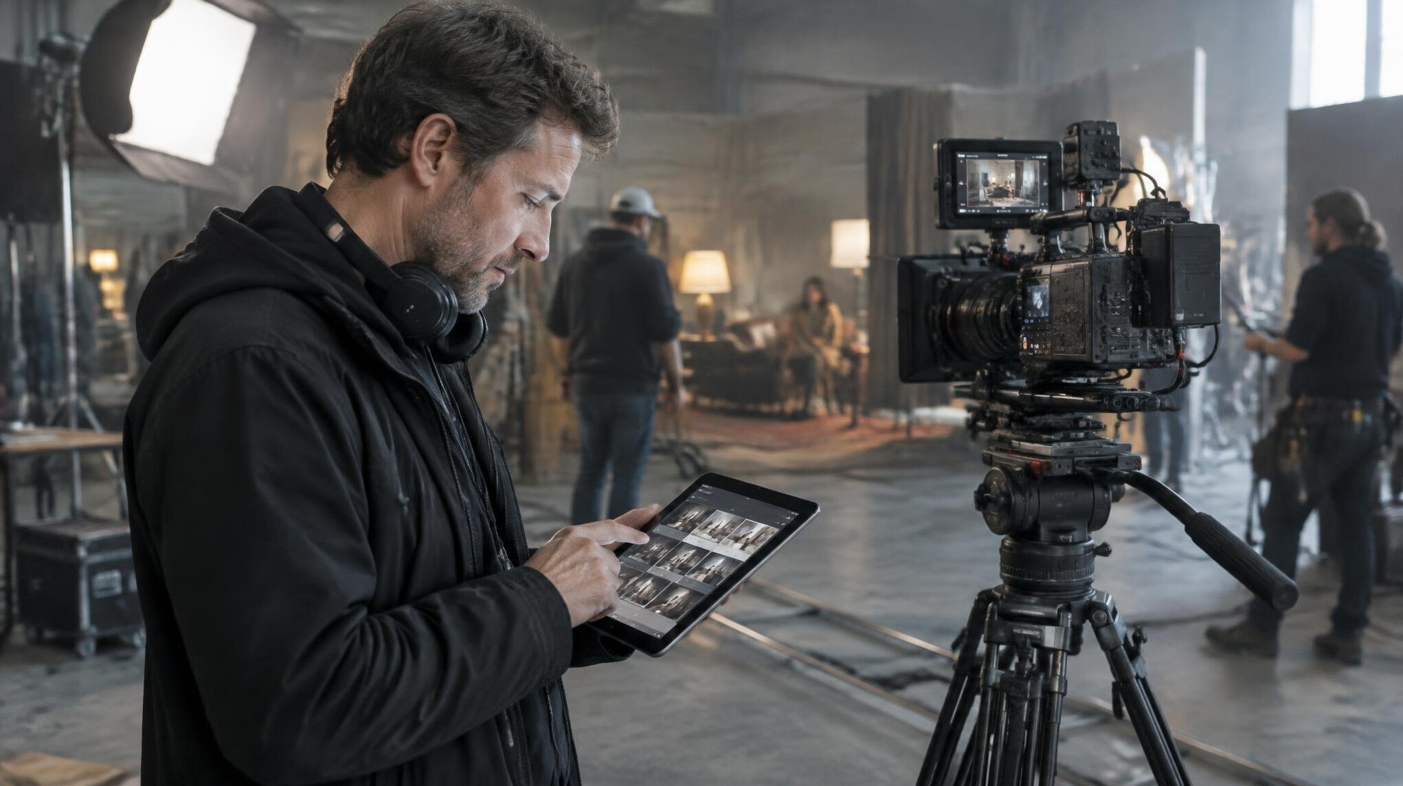 Director reviewing a shot list on a tablet near a camera
